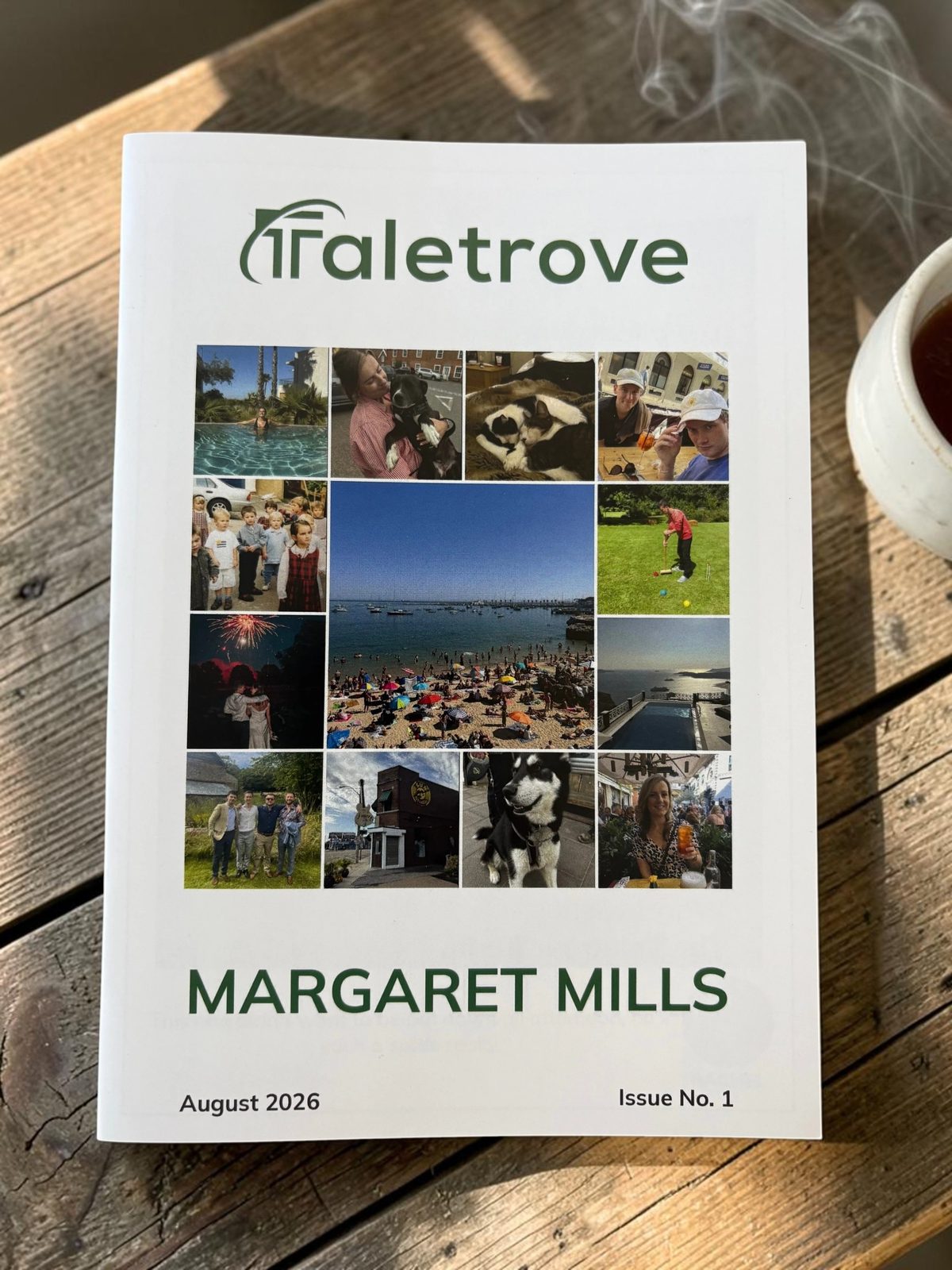 A printed Taletrove booklet on a wooden table